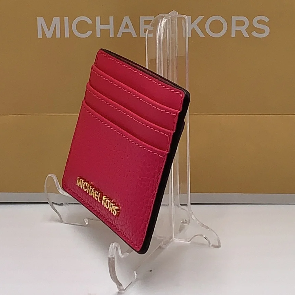 MICHAEL KORS Large Pebbled Leather Card Holder Case Electric Pink NWT